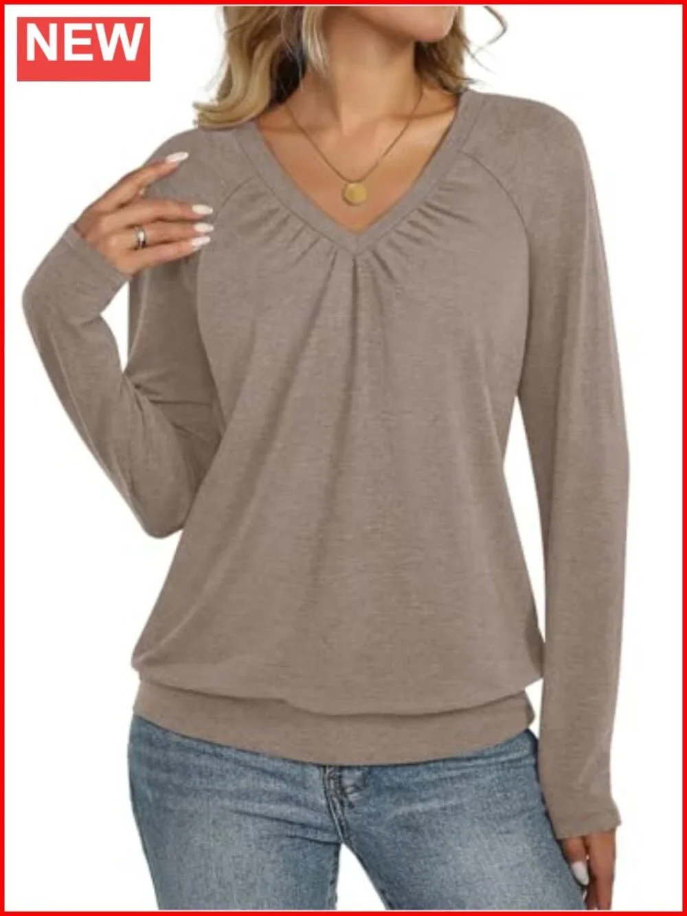Womens V Neck Long Sleeve Pleated Blouse Banded Bottom Dressy Casual Top